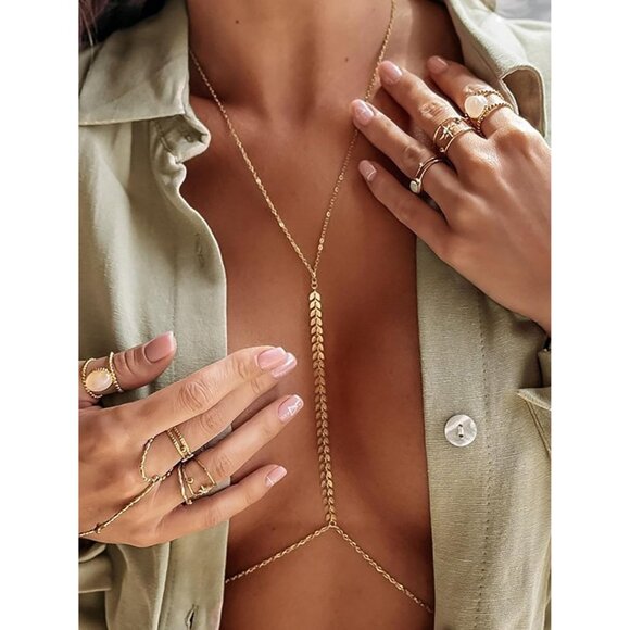 🆕 Women Gold Rhinestone Peal Back Chain Necklace Lingerie Waist Belly Jewelry - Picture 2 of 4